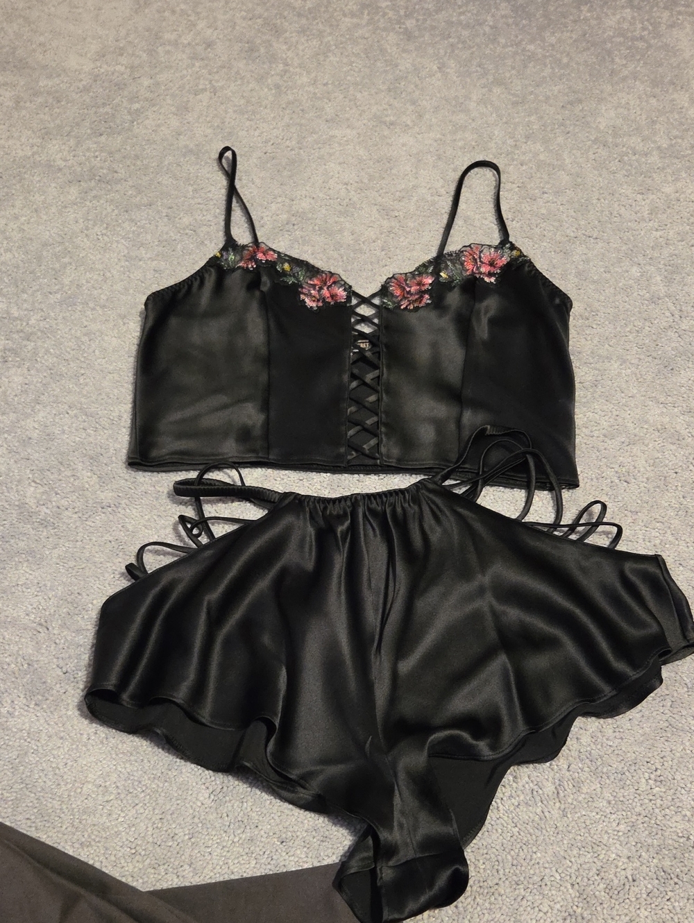 Victoria's Secret Black Satin Camisole Top And Shorts
